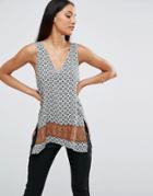 Ax Paris Vintage Printed V Neck Longline Top - Blue