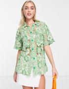 Asos Design Short Sleeve Shirt In Green Floral Crochet