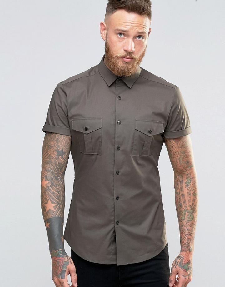 Asos Skinny Military Shirt In Khaki - Khaki