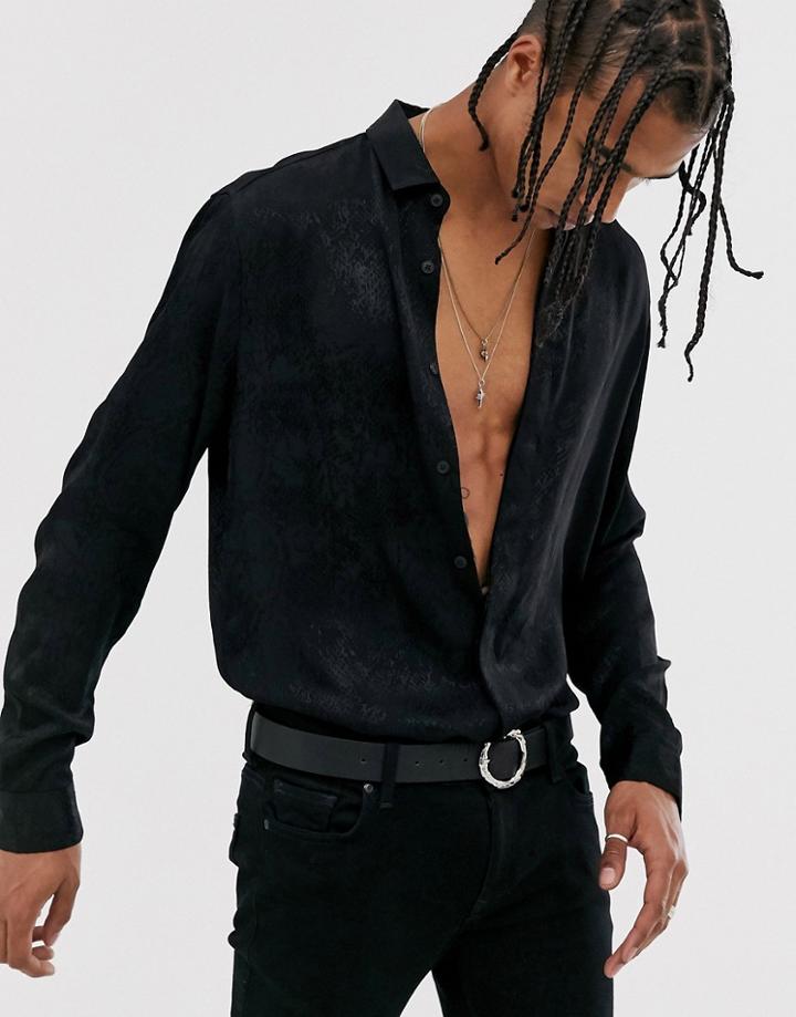 Asos Design Regular Fit Snake Jacquard Shirt In Light Black - Black