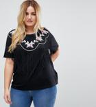 Asos Curve T-shirt With Embroidered Yoke And Fringe Detail - Black