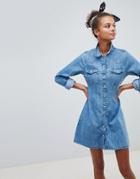 Asos Design Denim Fitted Western Shirt Dress With Seam Detail In Stonewash Blue - Blue