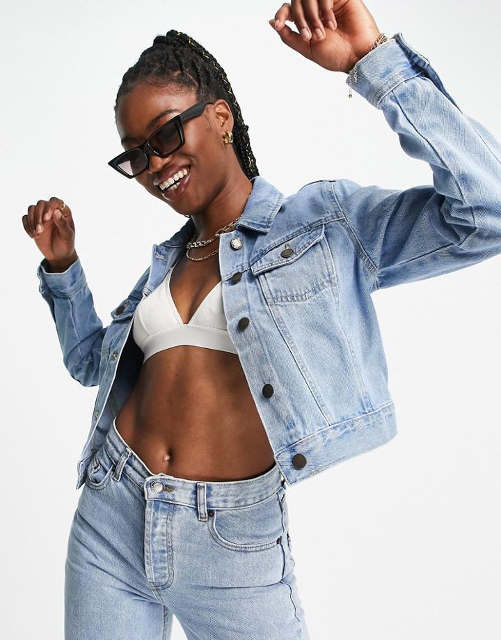Miss Selfridge Cropped Denim Jacket In Midwash Blue