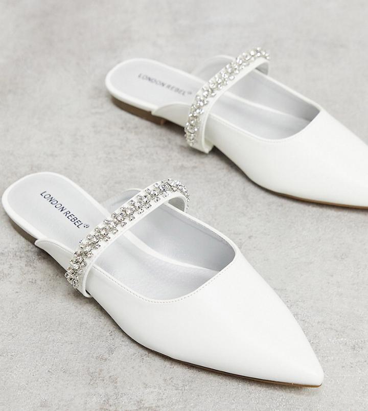 London Rebel Wide Fit Bridal Embellished Flat Mules In White