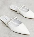 London Rebel Wide Fit Bridal Embellished Flat Mules In White