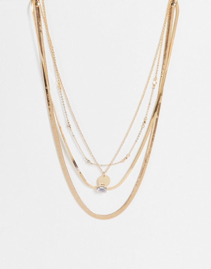 Asos Design Multi Row Necklace With Crystal Design In Gold Tone