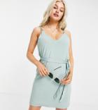 Asos Design Petite Strappy V Neck Sundress With Self Belt In Sage-green