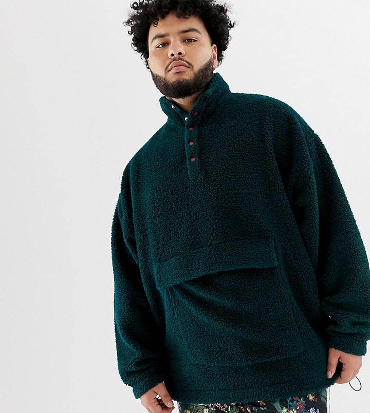 Asos Design Plus Oversized Sweatshirt In Borg With Popper Neck In Green - Green