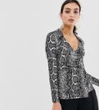 River Island V Neck Blouse With Belt In Snake Print - Pink