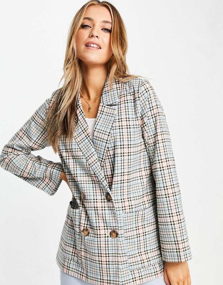 Monki Twiggy Recycled Double Breasted Relaxed Fit Blazer In Check Print - Part Of A Set-multi