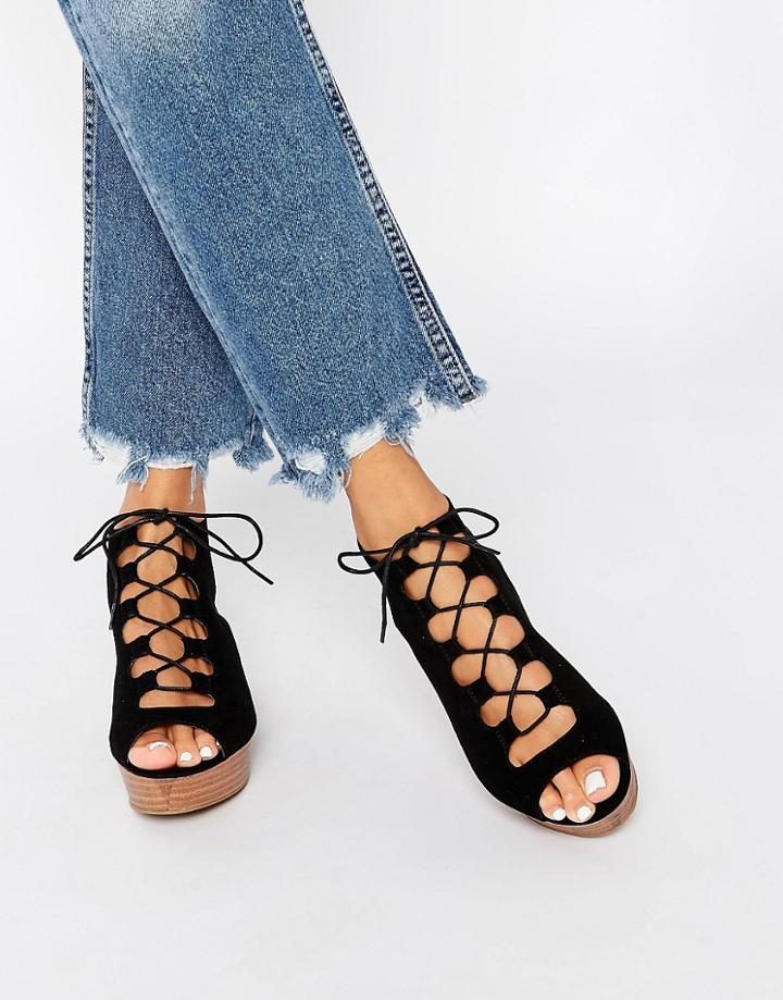 New Look Lace Up Wooden Wedge Sandal - Black