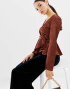 Asos Design Wrap Long Sleeve Top In Satin With Pephem-brown