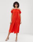Lost Ink Cold Shoulder Jumpsuit With Button Front And Frill Trim-orange