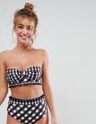 Asos Mix And Match Mixed Gingham Pom Pom Longline Bandeau Bikini Top - Multi