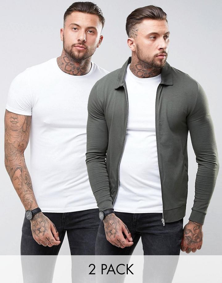 Asos Jersey Harrington Jacket/ Muscle T-shirt In Khaki/white Save - Multi