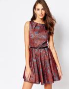 Closet Rose Belted Skater Dress In Paisley Print - Red