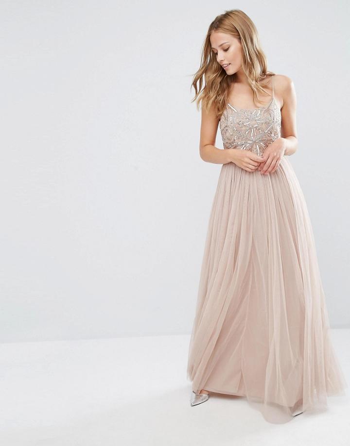 Maya Cami Strap Maxi Dress With Tulle Skirt And Embellishment - Brown