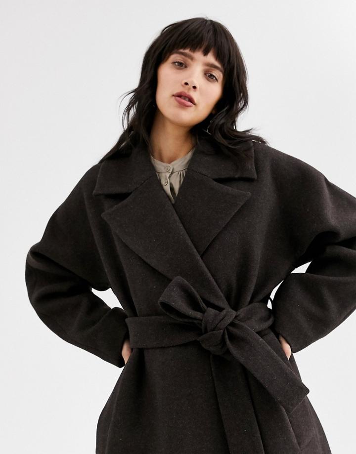 Weekday Lia Belted Oversized Coat In Dark Brown