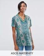 Asos Maternity T-shirt In Bright Snake Print With Stripe Tipping In Longline - Multi