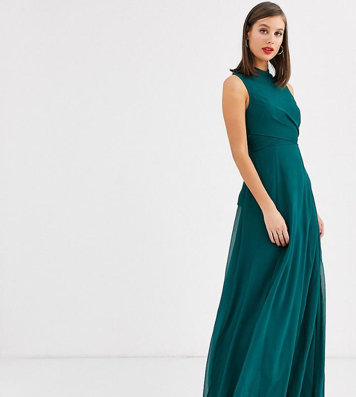 Asos Design Tall High Neck Maxi Dress With Wrap Waist Detail