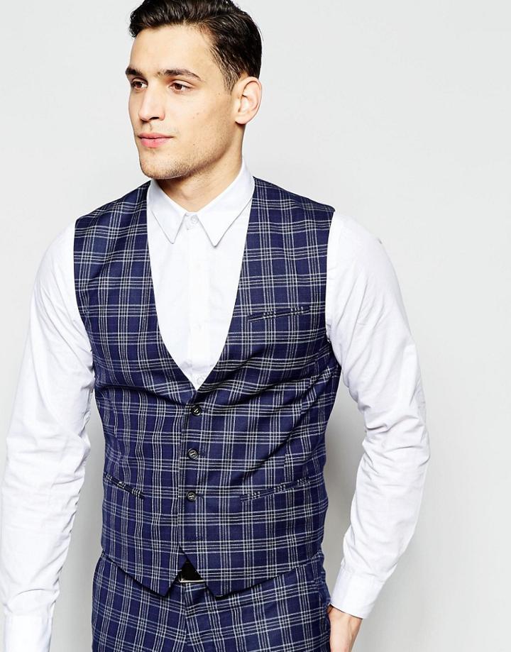 Vito Super Skinny Check Vest With Stretch - Navy