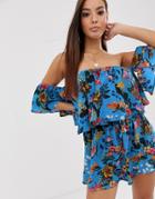 Prettylittlething Bardot Romper With Frill Detail In Blue Floral - Multi