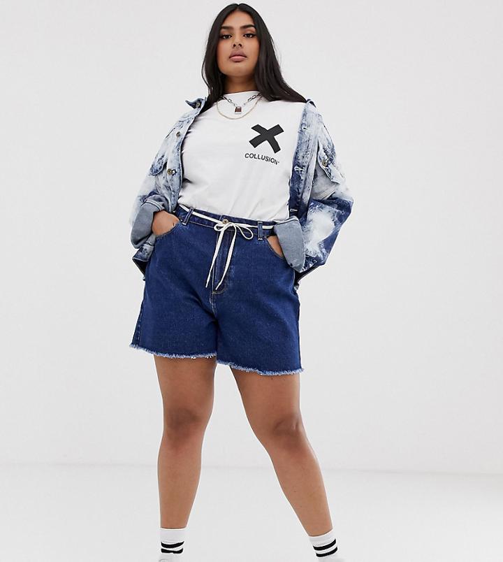 Collusion Plus Mom Shorts In Dark Stone Wash Blue - Blue