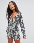 Qed London Paisley Wrap Romper - Navy