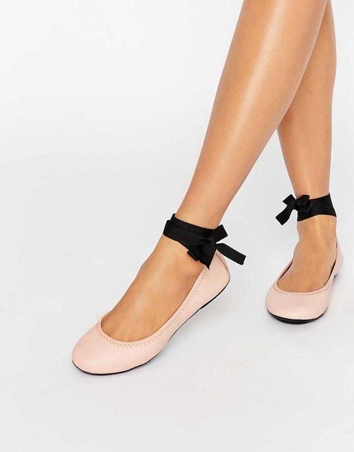London Rebel Tie Up Leather Ballerina - Beige
