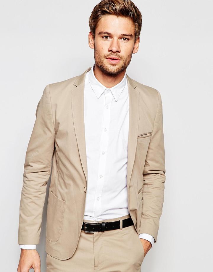 Vito Super Skinny Cotton Suit Jacket - Stone