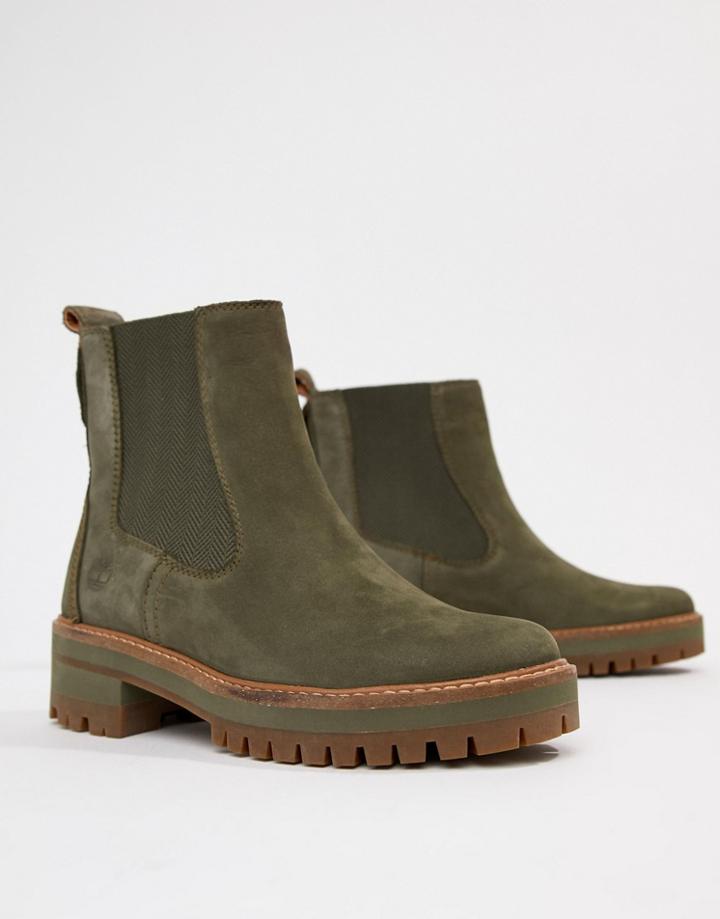 Timberland Courmayeur Valley Olive Leather Chelsea Pull On Ankle Boots - Green