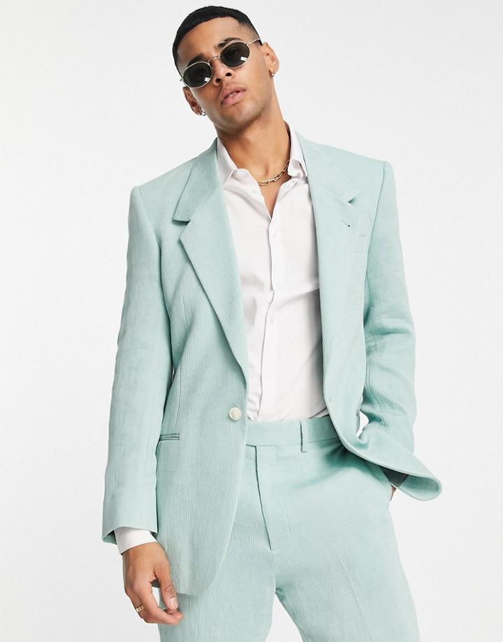 Asos Design Slim Longline Suit Jacket In Mint Green Plisse