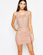 Wow Couture Allover Diamonte Mini Dress With Mesh Inserts - Dusky Pink