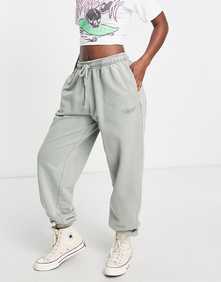 Topshop Acid Wash Slouchy Oversized Cuffed Sweatpants With Logo Branding In Sage - Part Of A Set-green