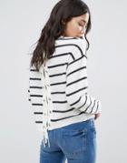 Brave Soul Stripe Lace Up Back Sweater - White