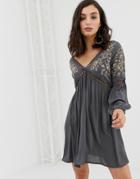 En Creme Swing Dress With Ladder Inserts And Floral Embroidery - Navy