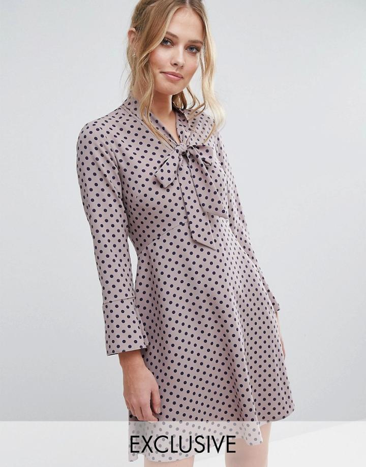 Closet Polka Dot Dress With Pussybow And Fluted Sleeve - Multi