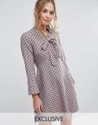 Closet Polka Dot Dress With Pussybow And Fluted Sleeve - Multi