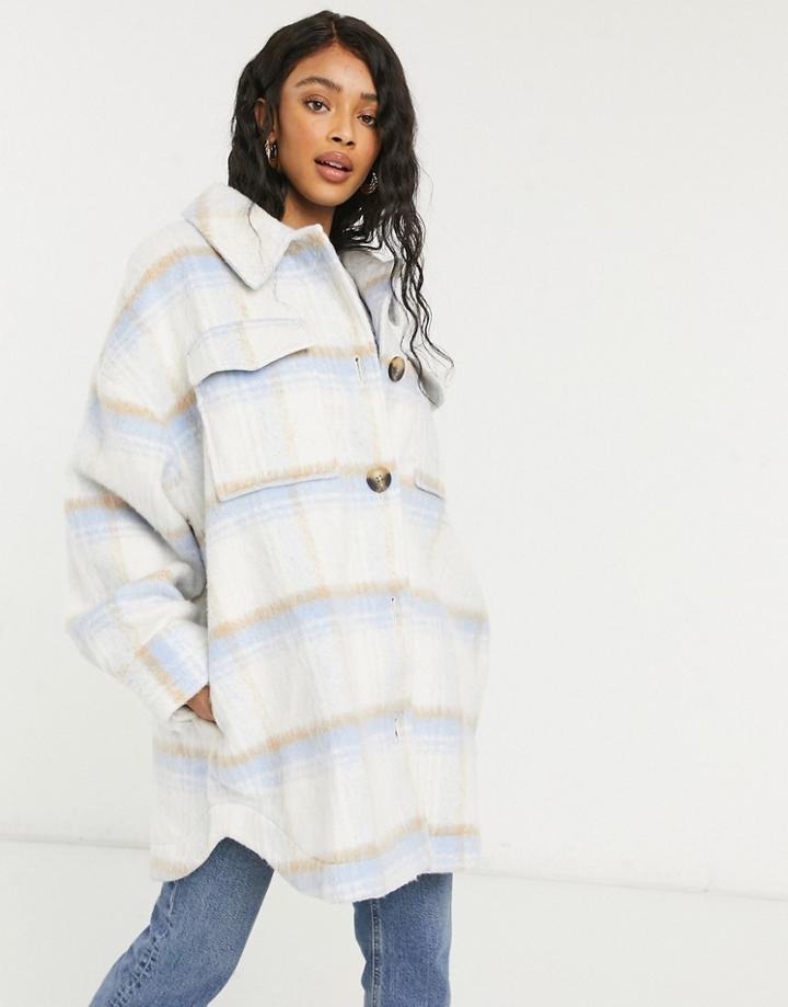 Asos Design Brushed Plaid Jacket In Baby Blue-blues