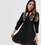 Asos Design Petite Embroidered Button Through Mini Tea Dress-black