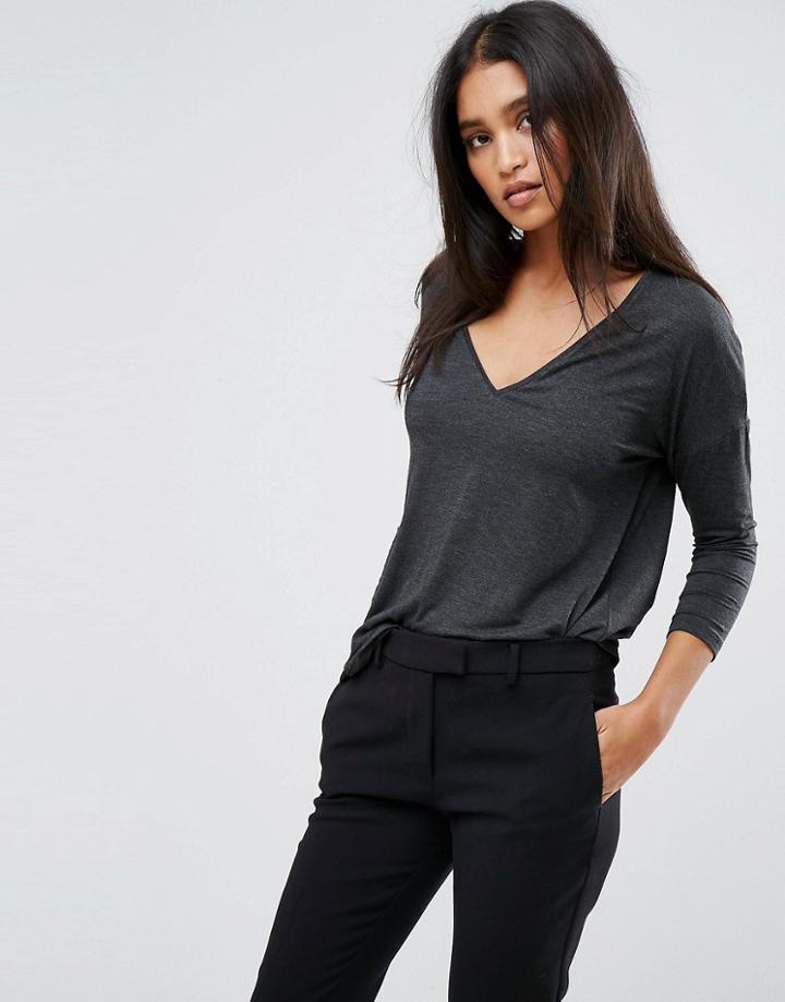 Mango Light Weight Knitted V Neck Top - Gray