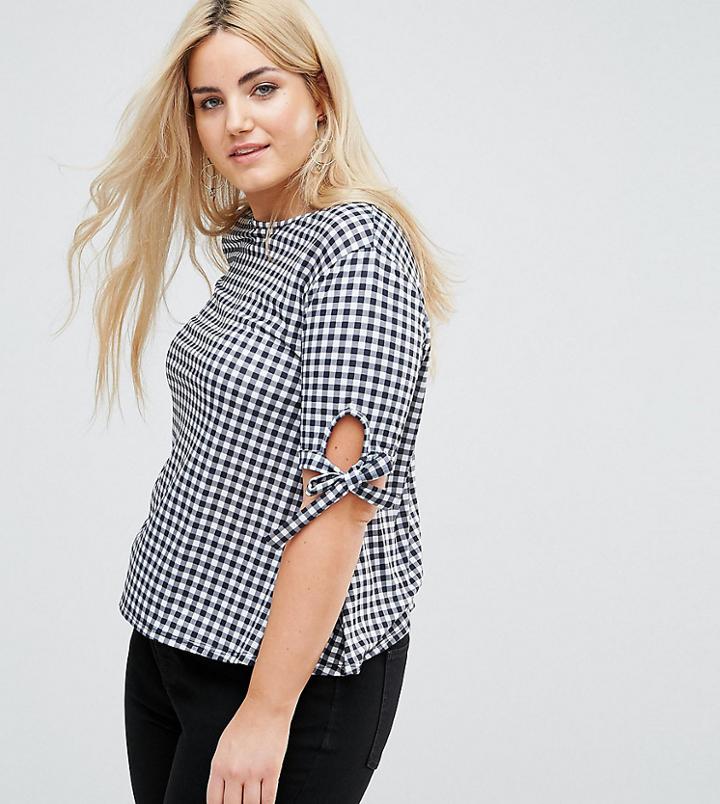 Pink Clove Gingham Top With Tie Sleeve Detail - Black