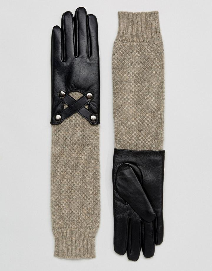 Barneys Long Line Leather Gloves With Knit Mix And Cross Over Detail - Black