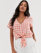 Stradivarius Tie Front Gingham Blouse In Red