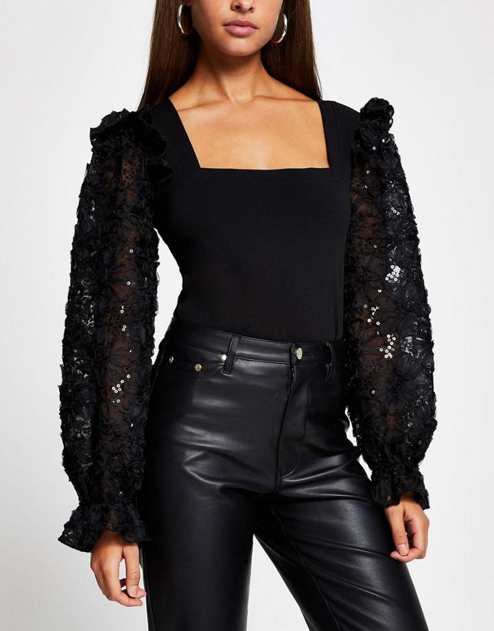 River Island Mesh Sequin Embellished Sleeved Blouse In Black