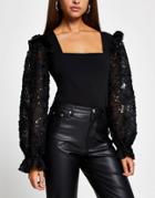 River Island Mesh Sequin Embellished Sleeved Blouse In Black