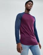 Asos Longline Long Sleeve T-shirt In Linen Look With Curve Hem In Oxblood - Red
