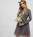 Maya Petite Long Sleeve Wrap Front Mini Dress With Delicate Sequin And Tulle Skirt In Charcoal-gray