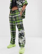 Jaded London Two-piece Pants In Neon Green Check With Graffiti