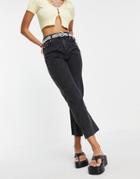 Bershka Cotton Elasticated Waist Raw Hem Jean In Black - Gray